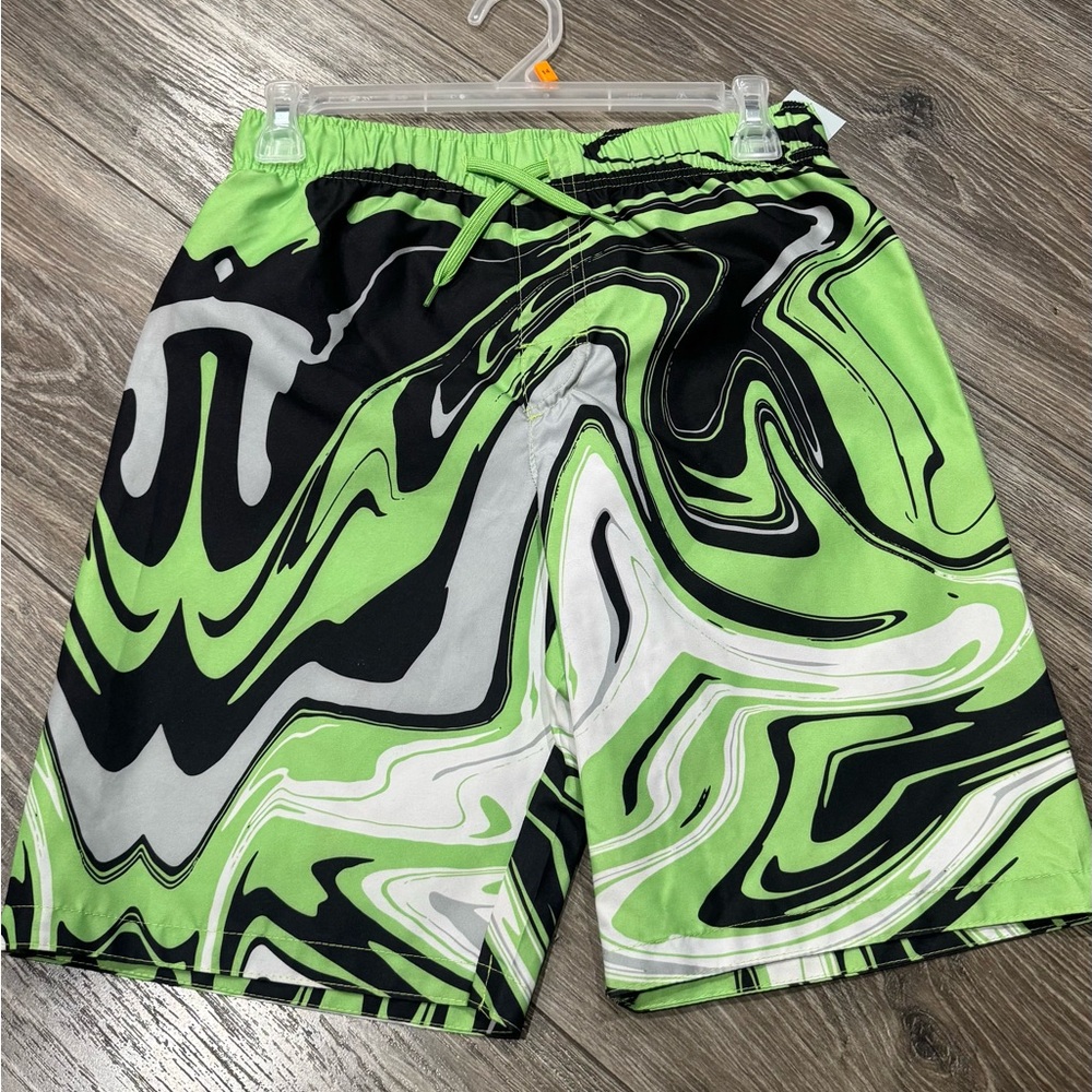 NWT Boys Vibrant Green and Black Kids Swim Trunks